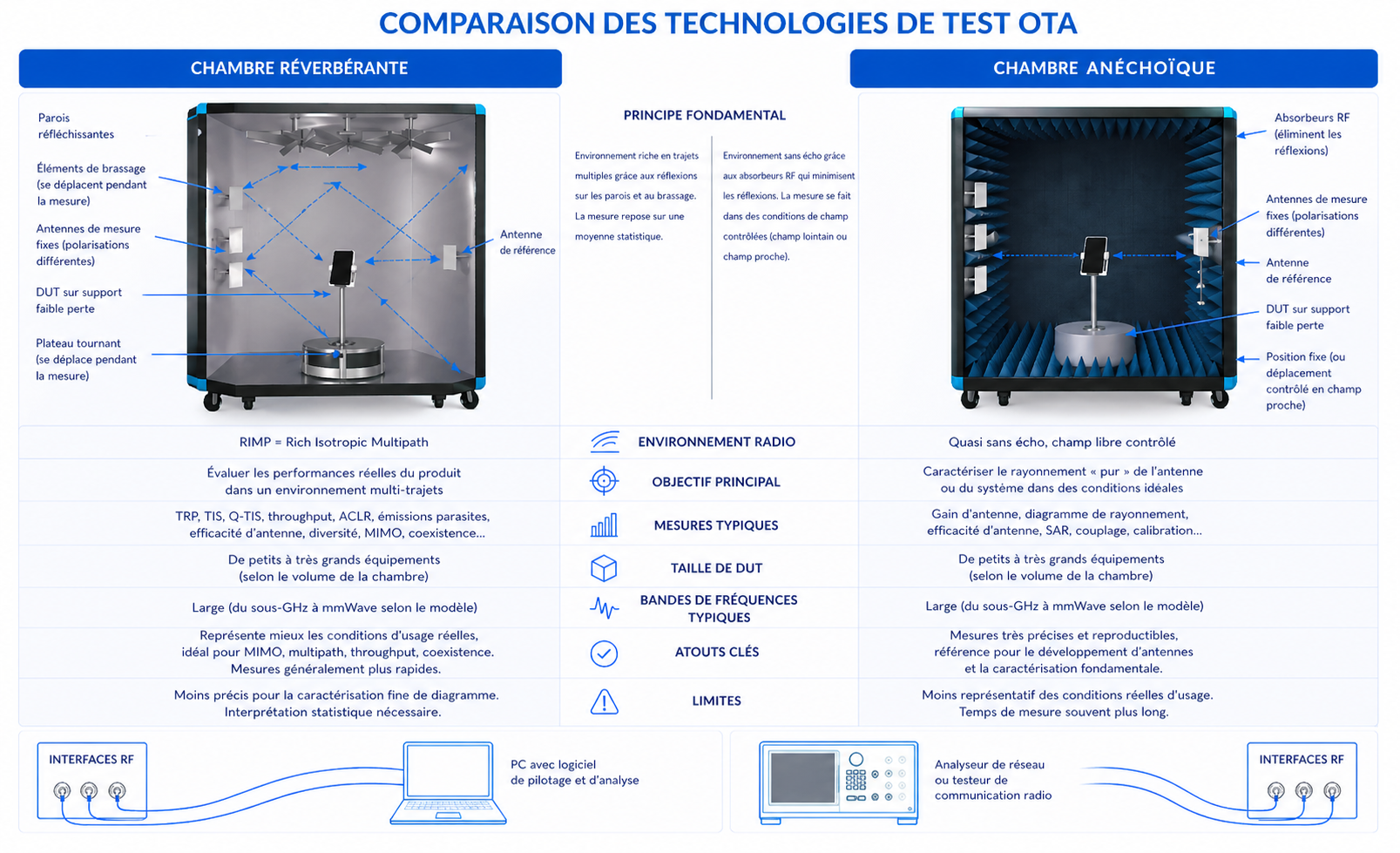 Schéma comparatif entre chambre réverbérante et chambre anéchoïque pour les tests OTA